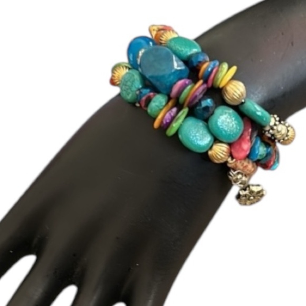 Turquoise Coiled Stack Multicolored Stone Bead and Charm Bracelet